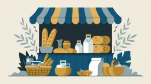 Market stall with bread milk rice vegetables and shopper with basket