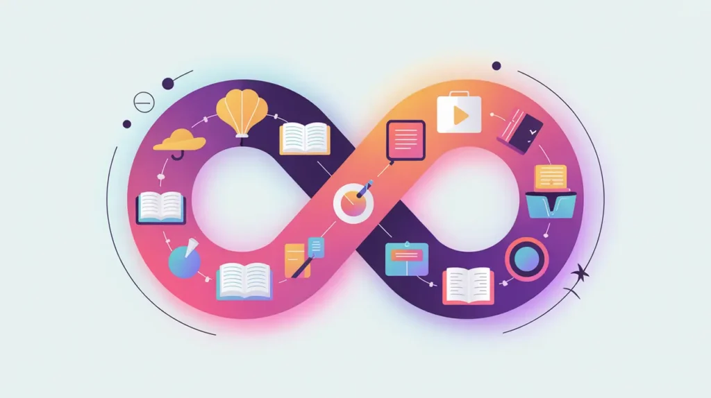 Infinity symbol with learning icons representing lifelong learning