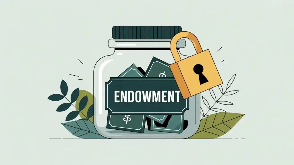 Transparent jar labeled endowment sealed with golden lock containing contributions