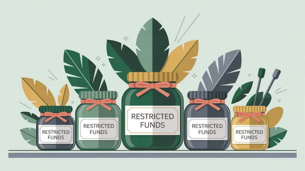 Illustration of jars labeled for restricted funds on a desk