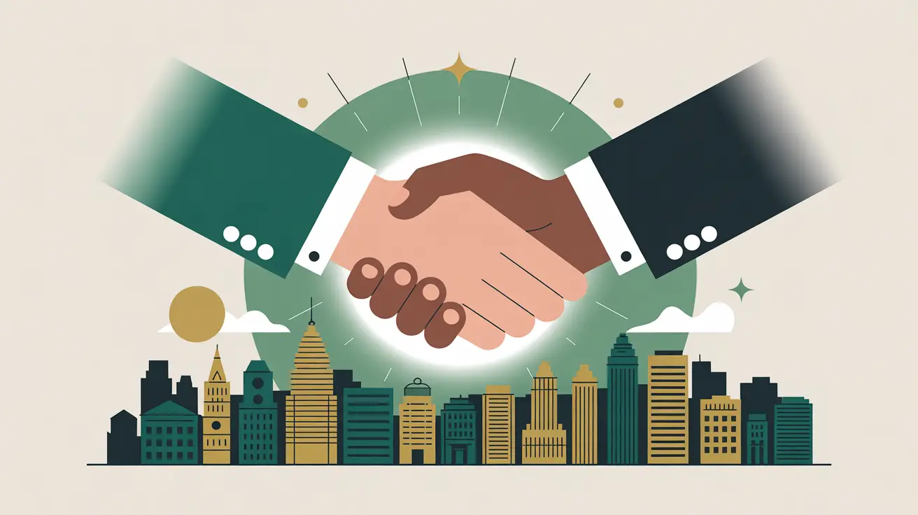 Glowing handshake above city skyline symbolizing corporate donors