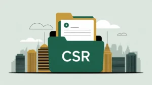 Two hands shaking over CSR folder with city skyline background