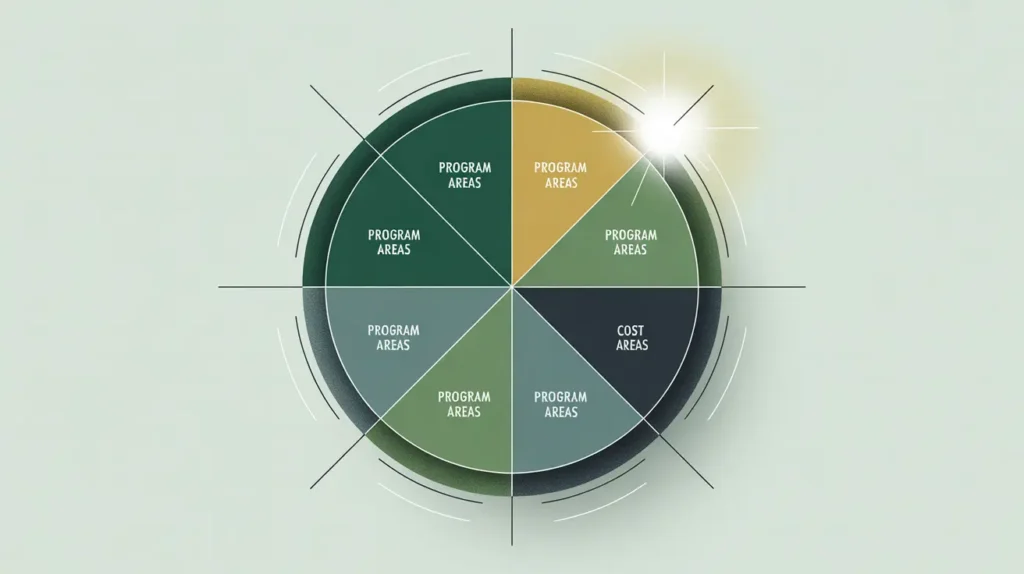 Glowing pie chart divided into labeled slices representing cost allocation