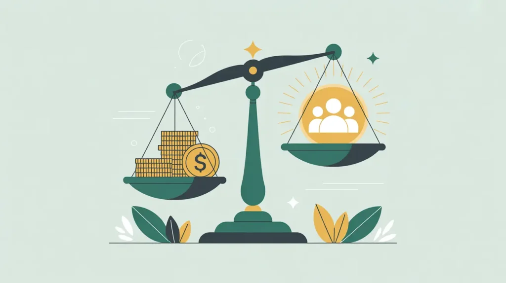 Balanced scale with coins and glowing community icon symbolizing cost-benefit analysis