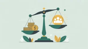 Balanced scale with coins and glowing community icon symbolizing cost-benefit analysis