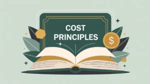 Glowing open rulebook beside plaque labeled Cost Principles