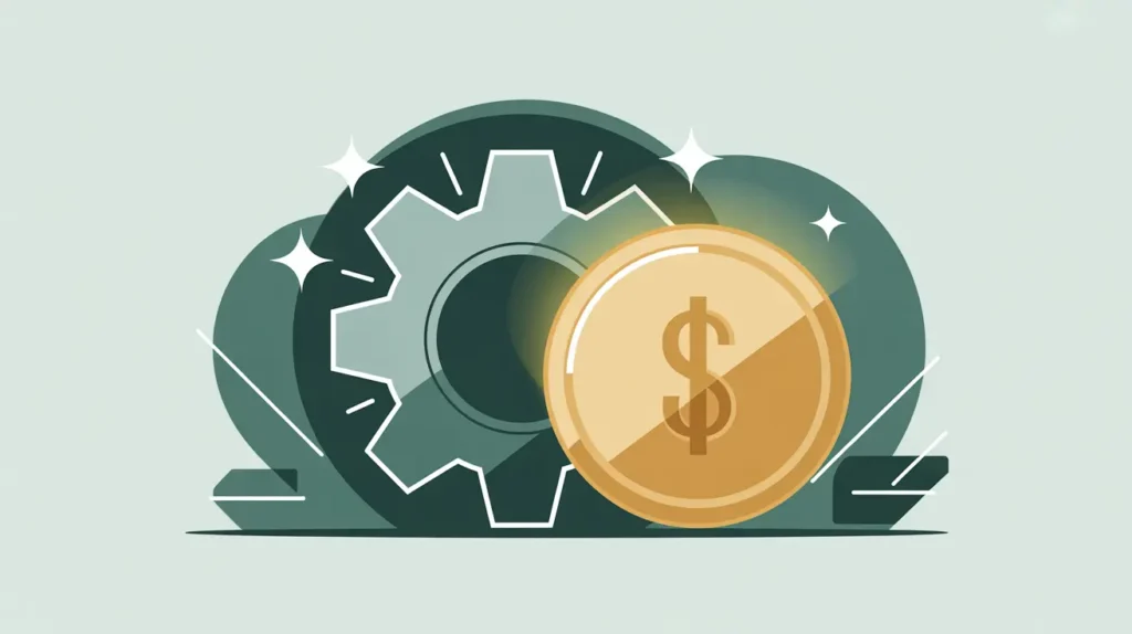 Glowing coin beside gear symbolizing cost per output efficiency