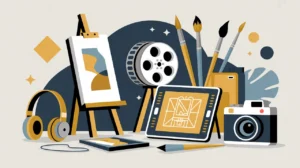 Creative studio with easel film reel digital tablet paintbrushes headphones camera