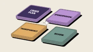 Illustration of glowing crisis communication keyword cards on table