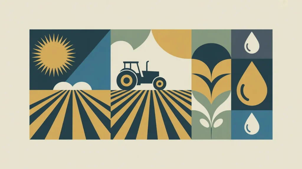Illustration of crop rows, tractor, and seed bag with sun and water icons