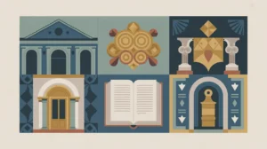 Collage of historic building, ancient artifact, and preserved manuscript with geometric motifs