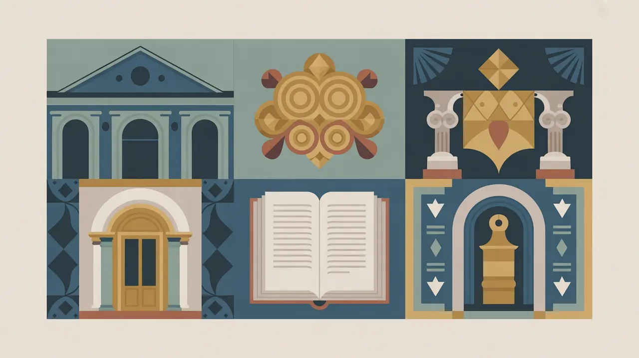 Collage of historic building, ancient artifact, and preserved manuscript with geometric motifs