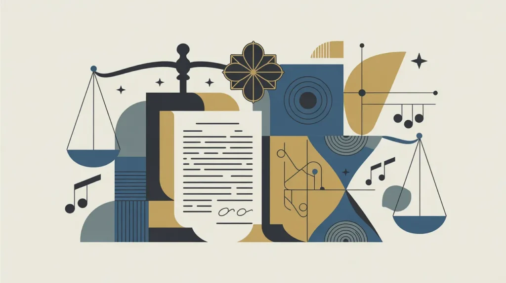 Illustration of legal document, cultural symbols, and balanced scales