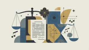 Illustration of legal document, cultural symbols, and balanced scales