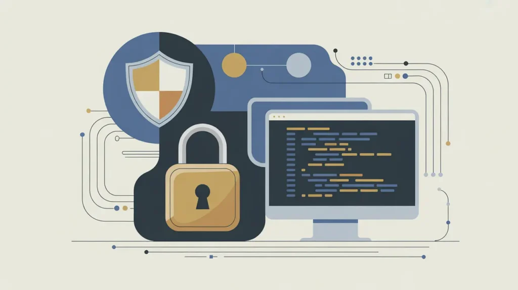 shield icon glowing lock computer with encrypted code abstract network lines