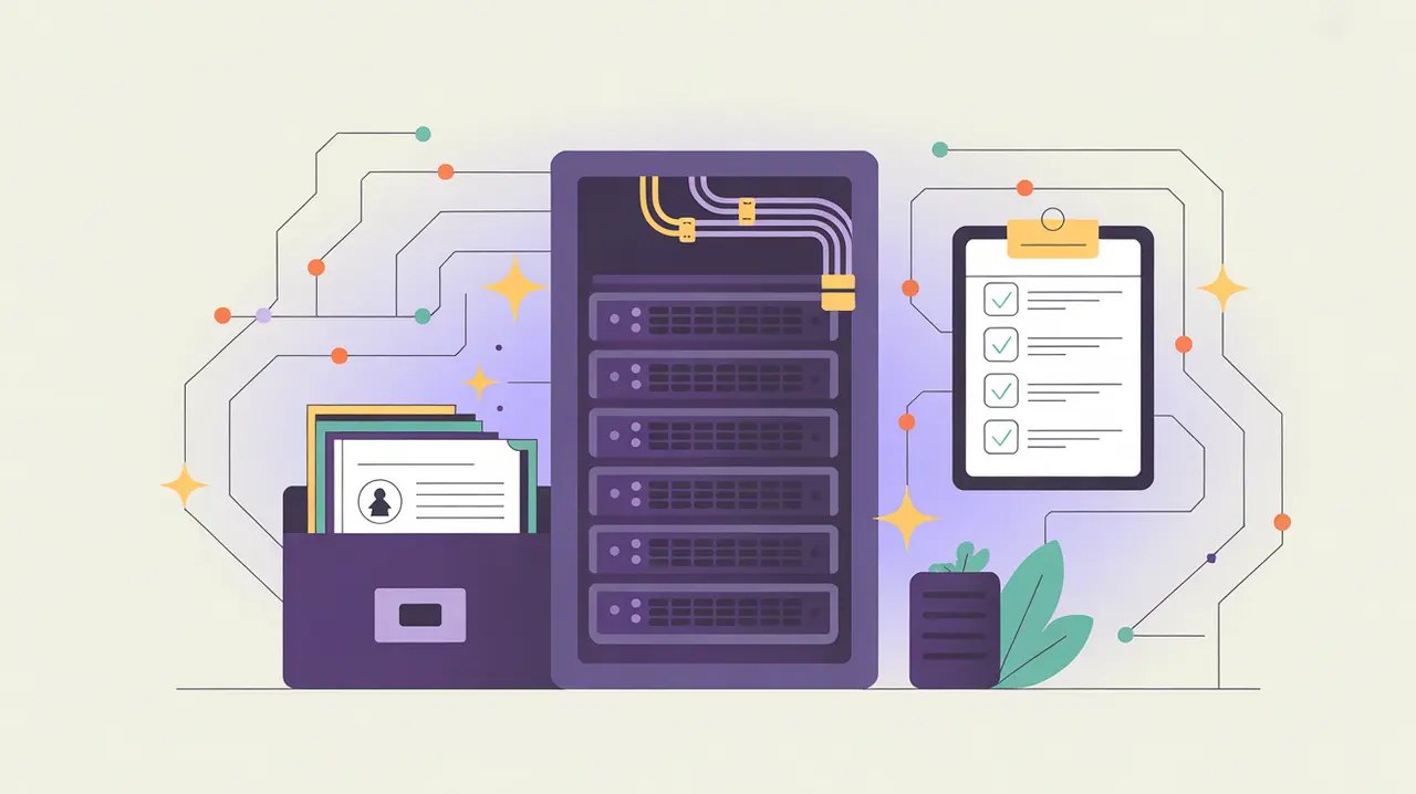 Illustration of secure server, privacy vault, and compliance checklist with glowing circuits