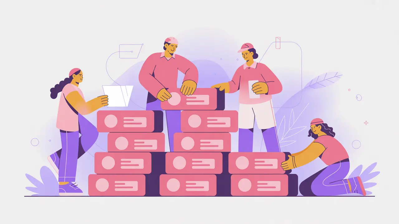 Workers labeling data blocks with category tags in flat vector style