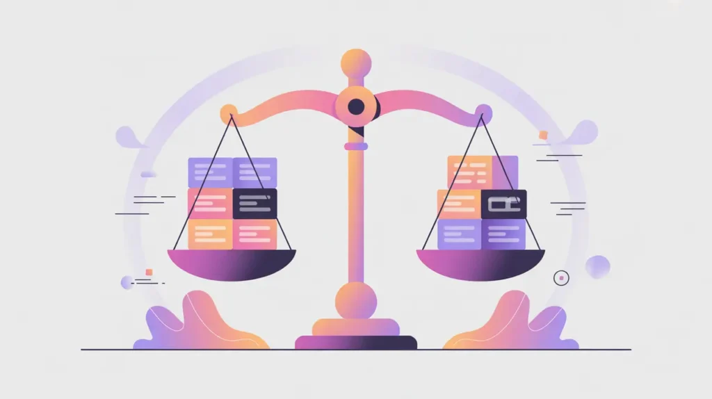 Justice scale balancing data blocks with pink and neon purple accents