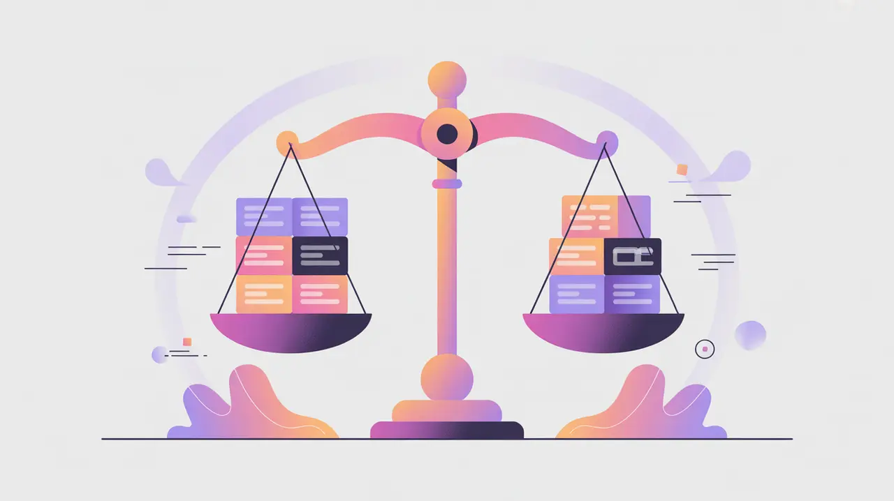Justice scale balancing data blocks with pink and neon purple accents