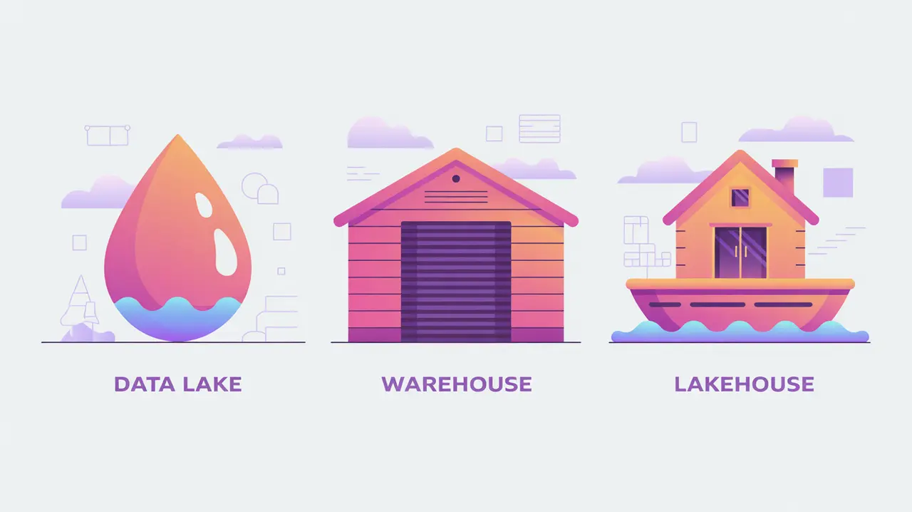 Three storage icons representing lake, warehouse, and lakehouse architectures