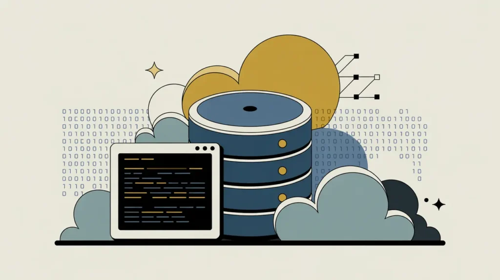 Illustration of database stack cloud storage and analytics dashboard with binary code