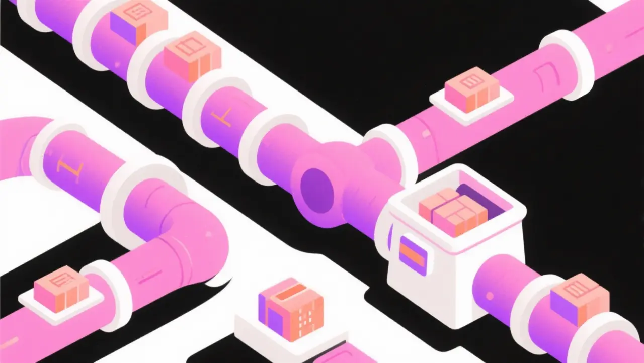 Flat vector illustration of pipes carrying data blocks between containers