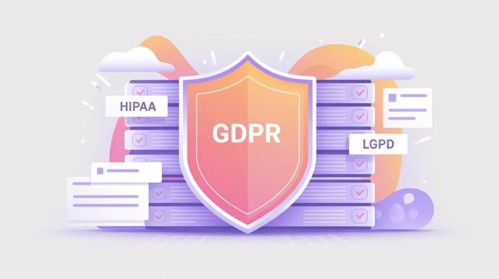 Shield over datasets with compliance checkmarks symbolizing data protection