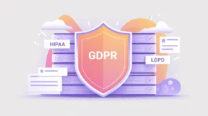 Shield over datasets with compliance checkmarks symbolizing data protection