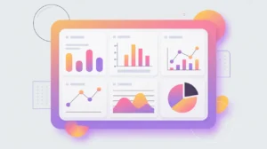 dashboard screen with bar charts pie charts and line graphs in pink and white