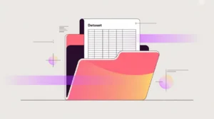 Dataset folder with datasheet document overlay in flat vector style