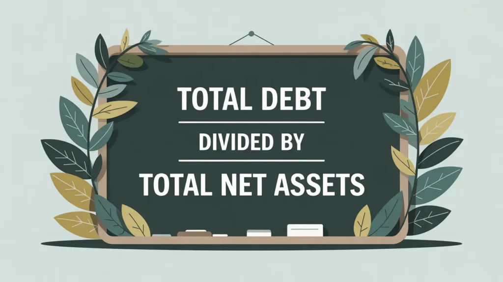 Debt to net assets ratio formula on blackboard illustration