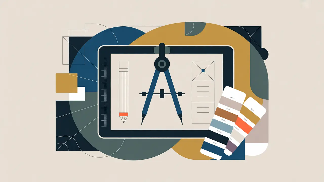 collage of drafting compass digital tablet design sketch color swatches