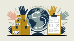 Illustration of aid boxes, globe with exchange arrows, and project clipboard