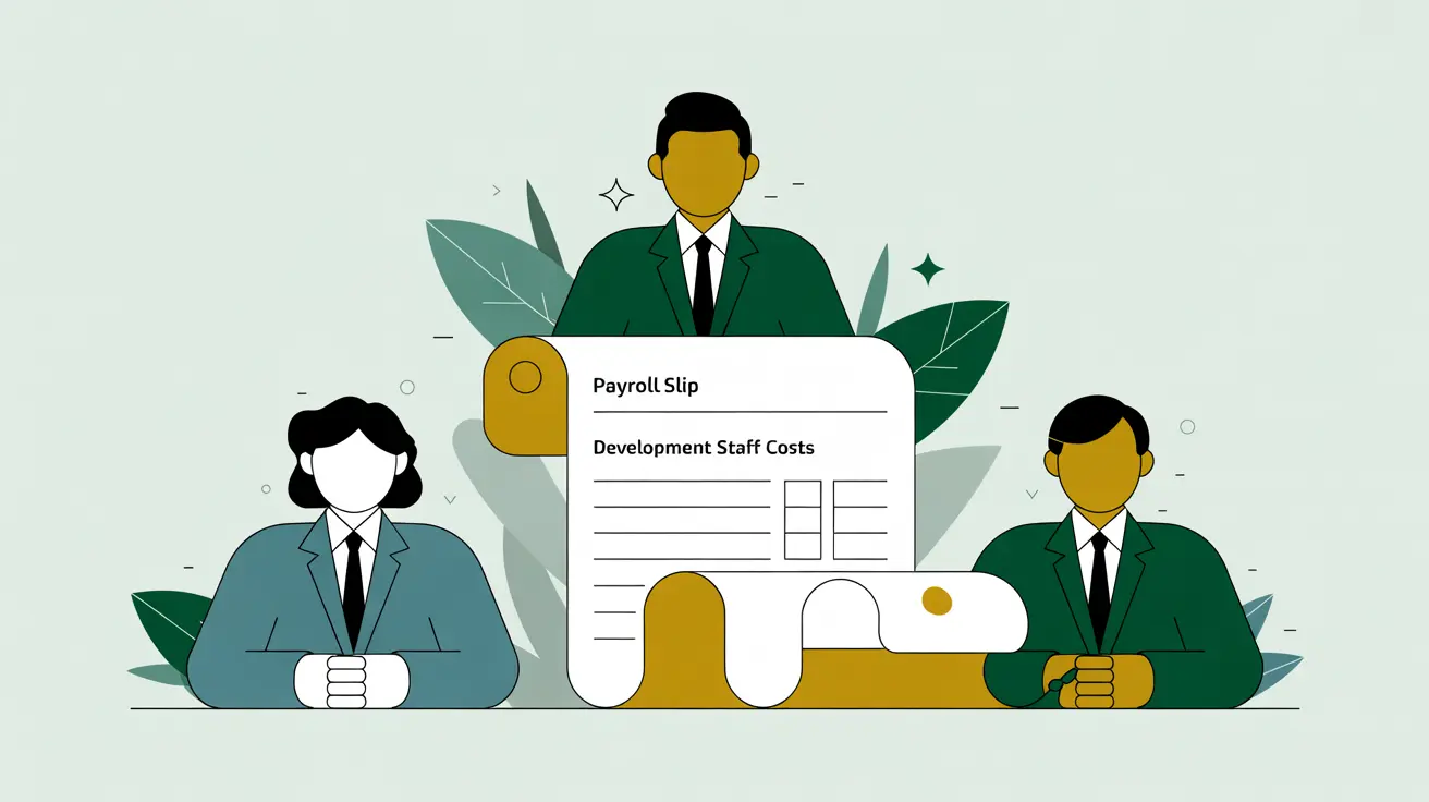 Illustration of three staff icons around glowing payroll slip