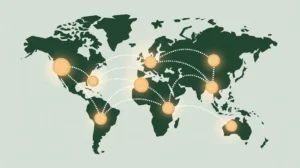 Glowing world map with dotted lines connecting coins to home country
