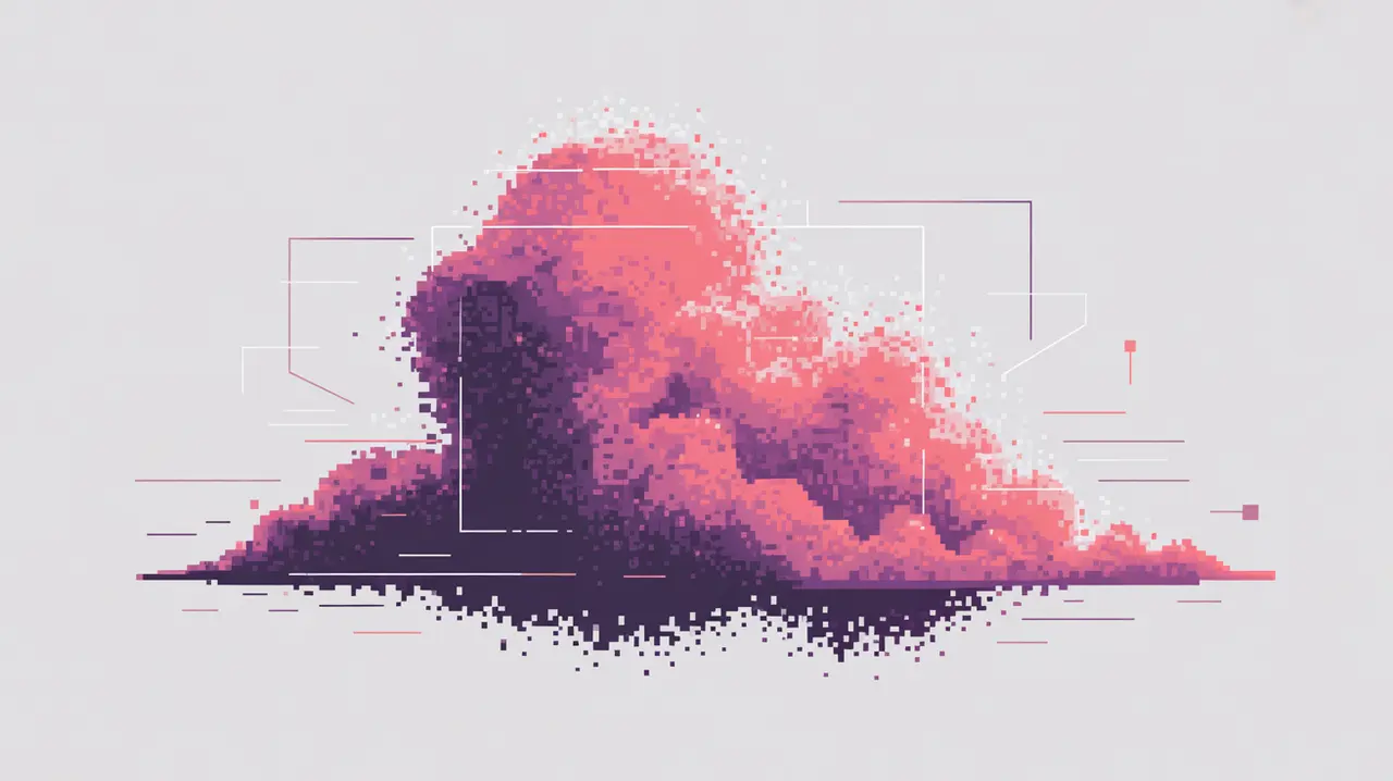 Noisy pixels transforming into clear image with pink and purple accents
