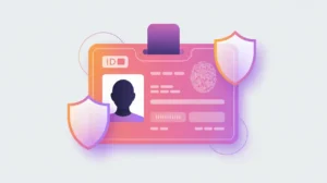 Digital ID card with biometric and shield overlays symbolizing authentication policies