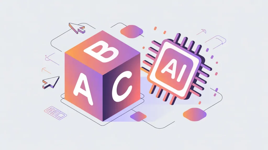 Alphabet block intersecting with glowing AI chip and literacy icons