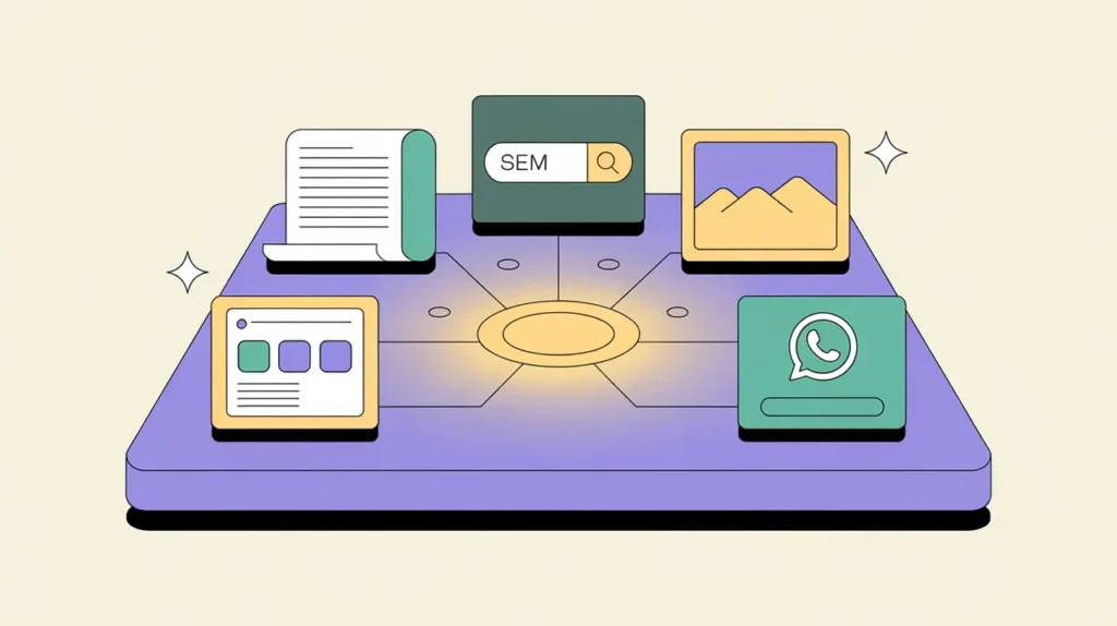 Illustration of digital marketing campaign toolkit with connected platform icons