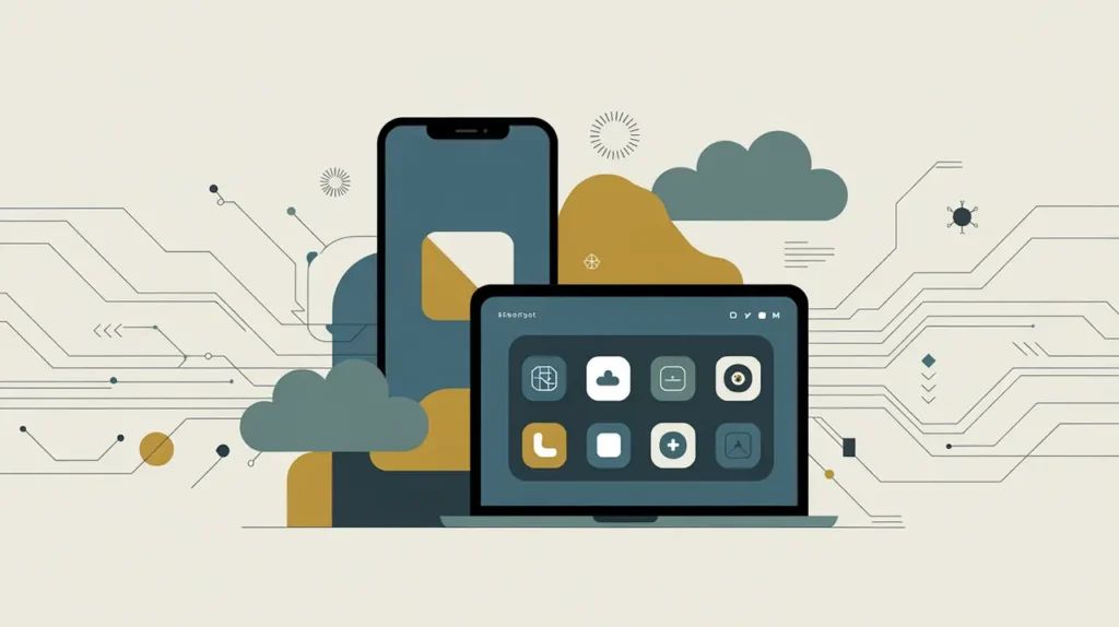 Illustration of smartphone, cloud services, and laptop with app icons and circuit lines