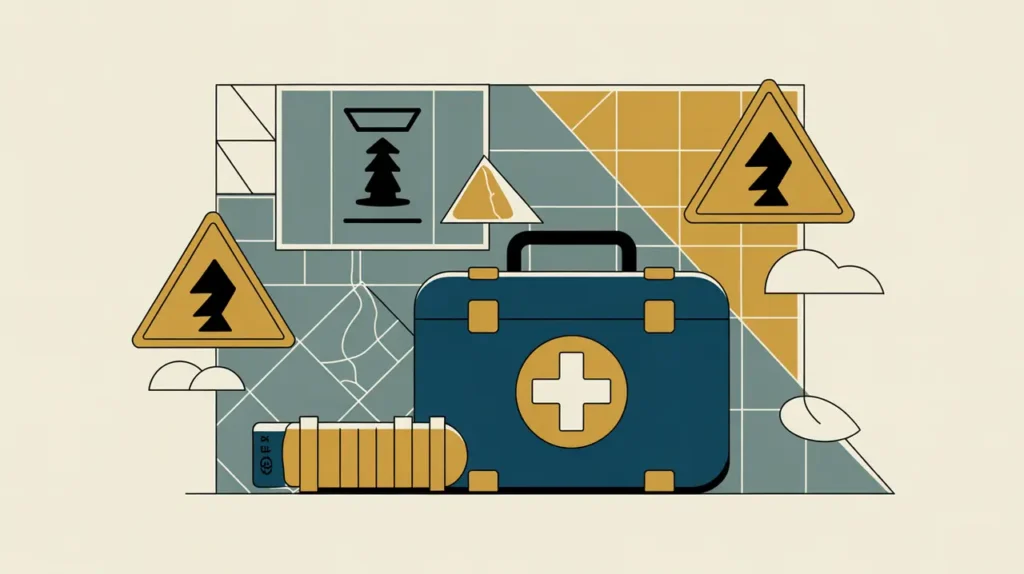 Illustration of emergency kit, hazard map, and storm shelter symbols