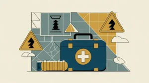 Illustration of emergency kit, hazard map, and storm shelter symbols