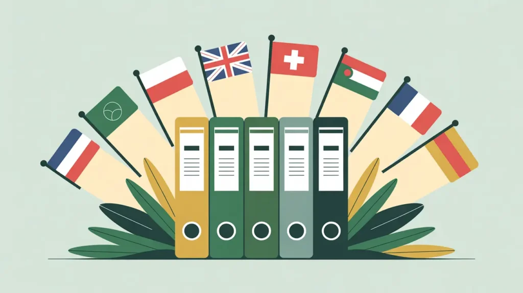 International flags above donor guideline binders symbolizing compliance