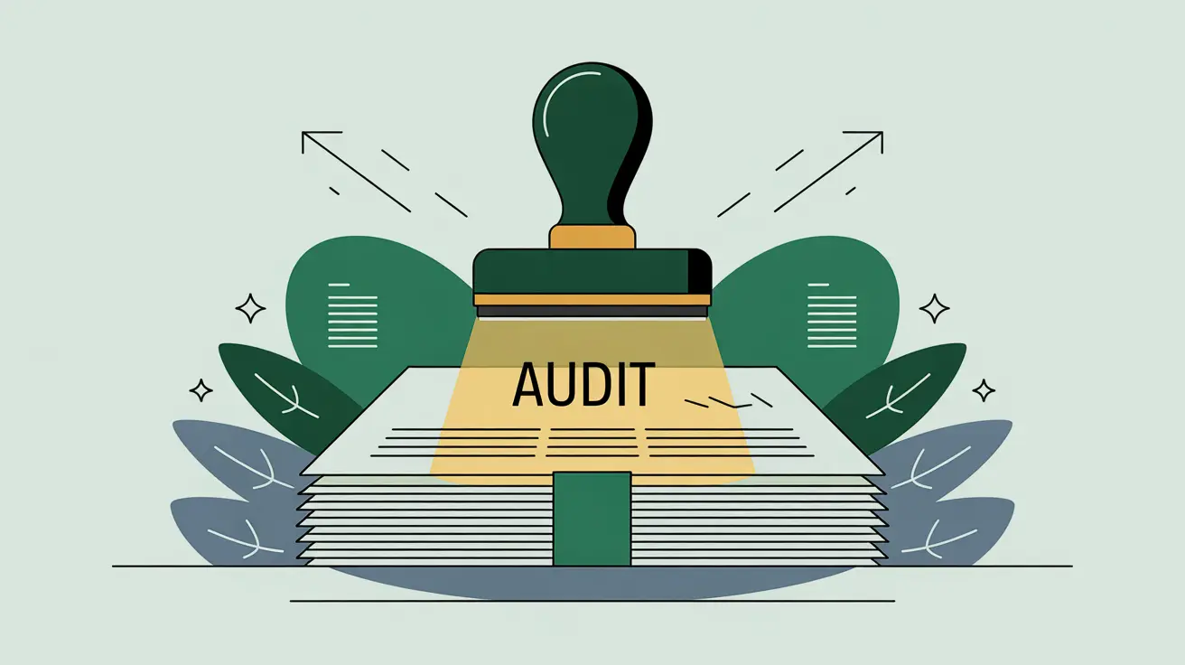 Glowing audit stamp on document stack in clean vector style