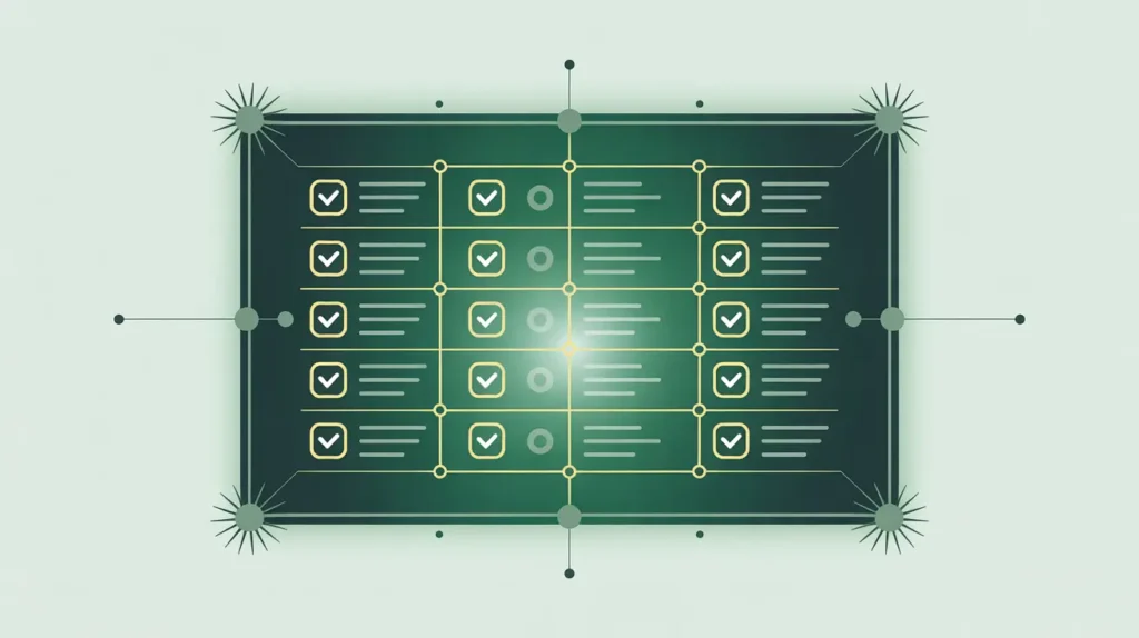 Glowing compliance grid with checkmarks in modern vector style