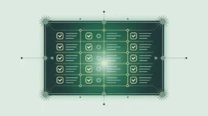 Glowing compliance grid with checkmarks in modern vector style