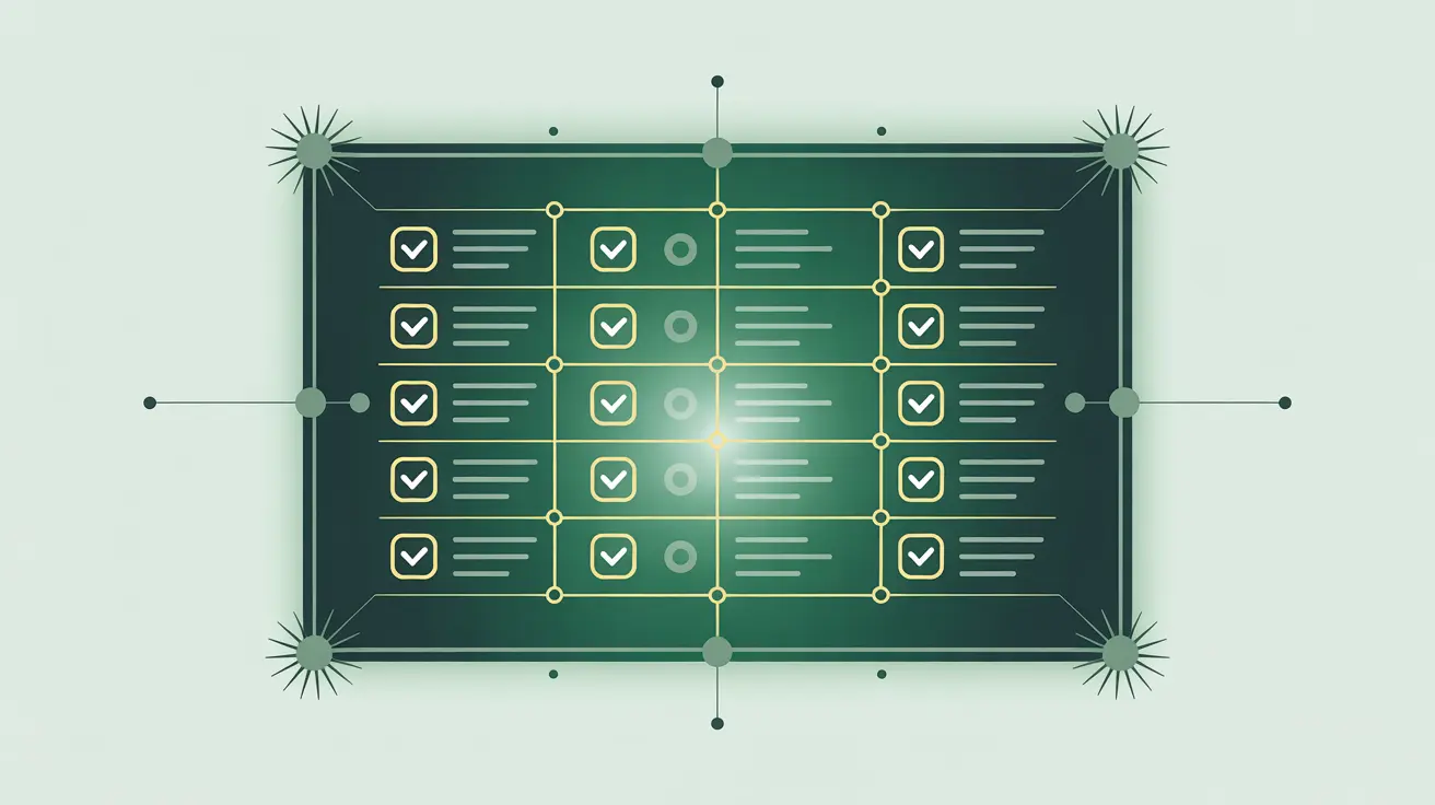 Glowing compliance grid with checkmarks in modern vector style