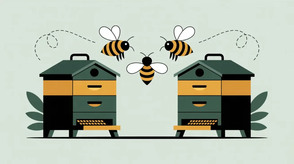 Balanced beekeeper hive boxes with coin-like bees symbolizing double-entry bookkeeping