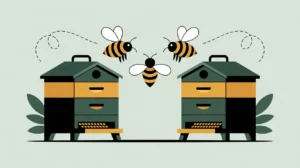 Balanced beekeeper hive boxes with coin-like bees symbolizing double-entry bookkeeping