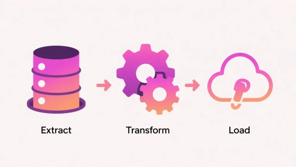 Flat vector illustration of extract transform load process icons with arrows